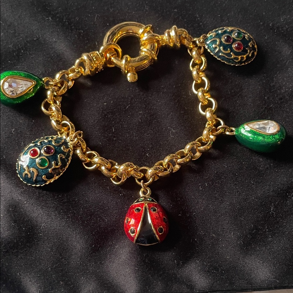 Vintage Ivana trump Gold Charm Bracelet with Red and Green Accents